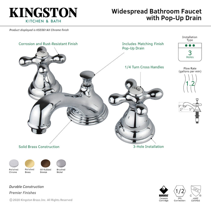 Kingston Heirloom KS5562AX - Royale Two-Handle 3-Hole Deck Mount Widespread Bathroom Faucet with Brass Pop-Up, Polished Brass