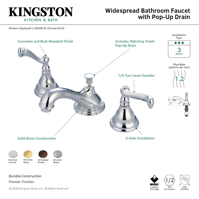 Kingston Tulare KS5562FL - Royale Two-Handle 3-Hole Deck Mount Widespread Bathroom Faucet with Brass Pop-Up, Polished Brass
