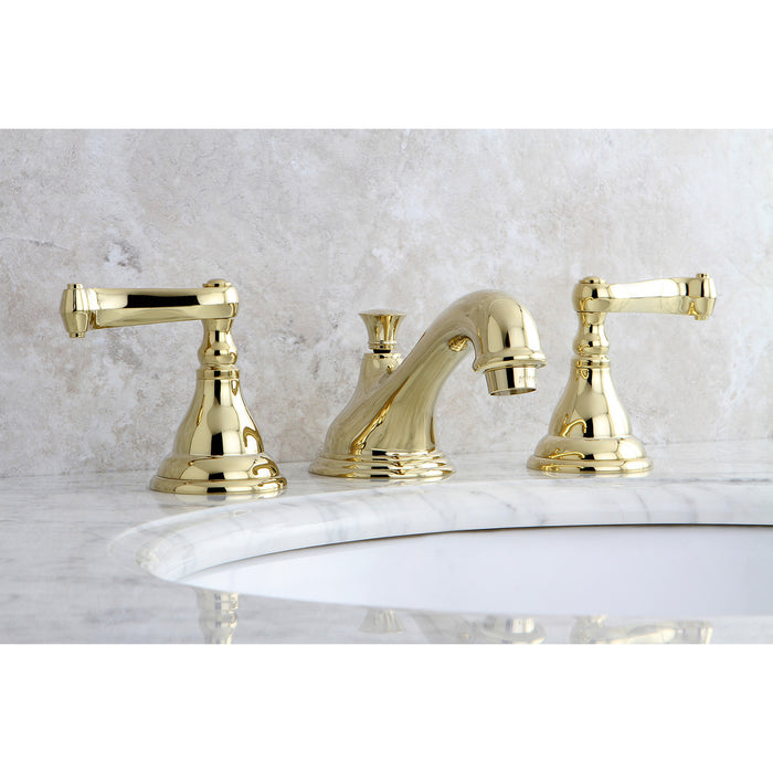 Kingston Tulare KS5562FL - Royale Two-Handle 3-Hole Deck Mount Widespread Bathroom Faucet with Brass Pop-Up, Polished Brass