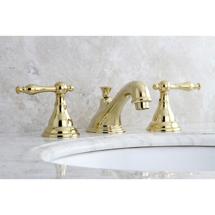 Kingston Tulare KS5562NLTwo-Handle 3-Hole Deck Mount Widespread Bathroom Faucet with Brass Pop-Up, Polished Brass