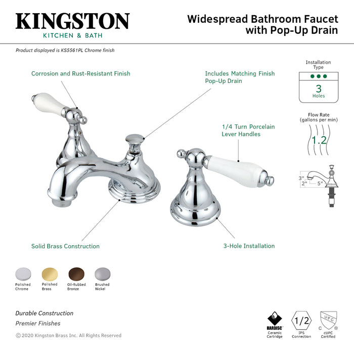 Kingston Heirloom KS5562PL - Royale Two-Handle 3-Hole Deck Mount Widespread Bathroom Faucet with Brass Pop-Up, Polished Brass
