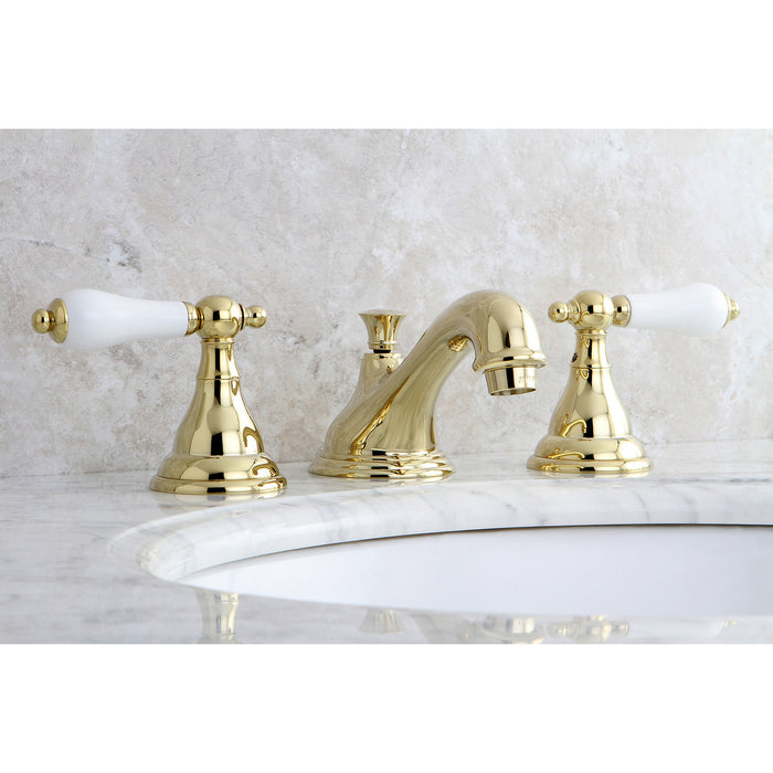 Kingston Heirloom KS5562PL - Royale Two-Handle 3-Hole Deck Mount Widespread Bathroom Faucet with Brass Pop-Up, Polished Brass