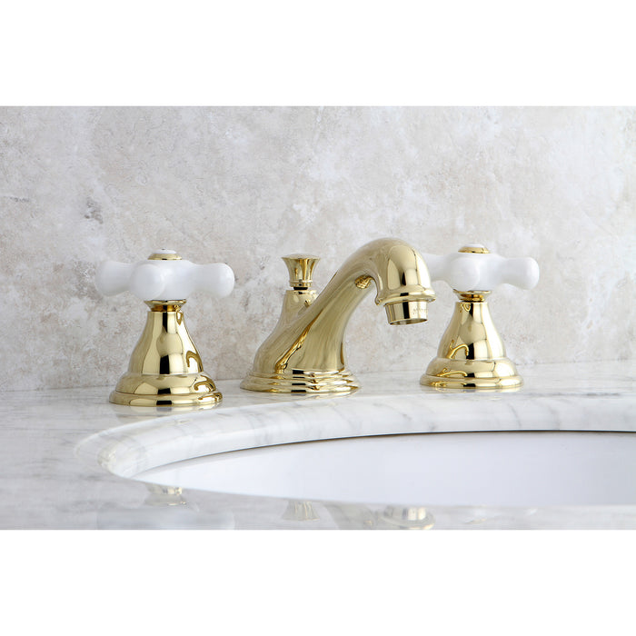 Kingston Heirloom KS5562PX - Royale Two-Handle 3-Hole Deck Mount Widespread Bathroom Faucet with Brass Pop-Up, Polished Brass