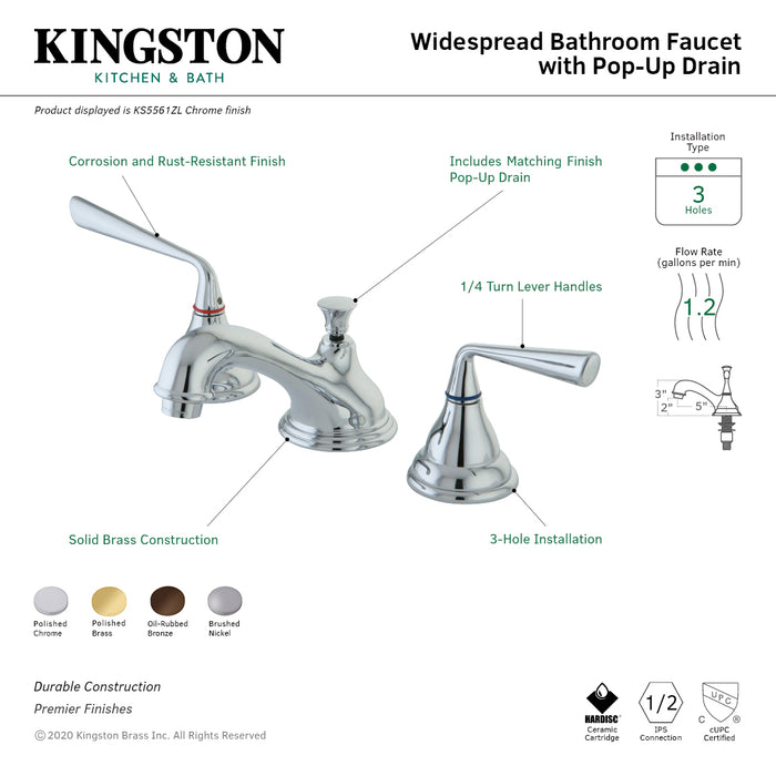 Kingston Tulare KS5562ZL - Silver Sage Two-Handle 3-Hole Deck Mount Widespread Bathroom Faucet with Brass Pop-Up, Polished Brass