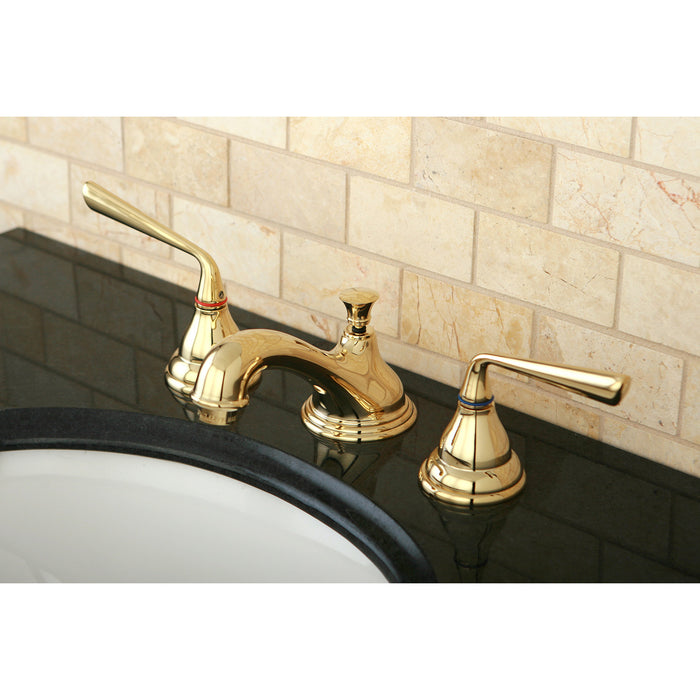 Kingston Tulare KS5562ZL - Silver Sage Two-Handle 3-Hole Deck Mount Widespread Bathroom Faucet with Brass Pop-Up, Polished Brass