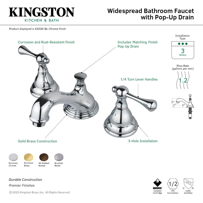 Kingston Tulare KS5565BLTwo-Handle 3-Hole Deck Mount Widespread Bathroom Faucet with Brass Pop-Up, Oil Rubbed Bronze