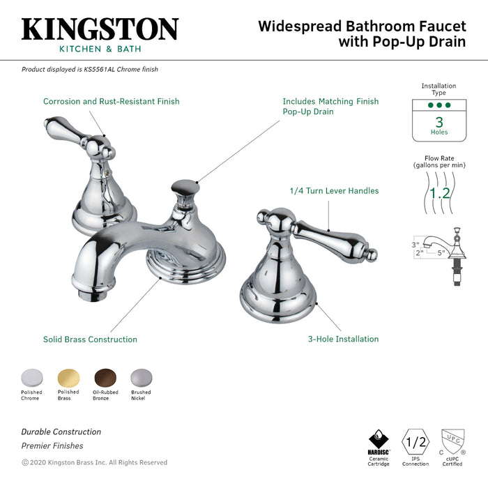 Kingston Heirloom KS5568ALTwo-Handle 3-Hole Deck Mount Widespread Bathroom Faucet with Brass Pop-Up, Brushed Nickel