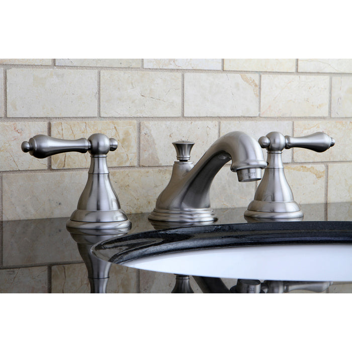 Kingston Heirloom KS5568ALTwo-Handle 3-Hole Deck Mount Widespread Bathroom Faucet with Brass Pop-Up, Brushed Nickel