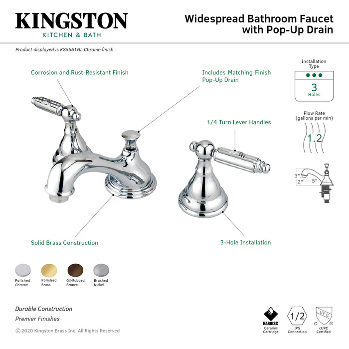 Kingston Tulare KS5568GL - Georgian Two-Handle 3-Hole Deck Mount Widespread Bathroom Faucet with Brass Pop-Up, Brushed Nickel