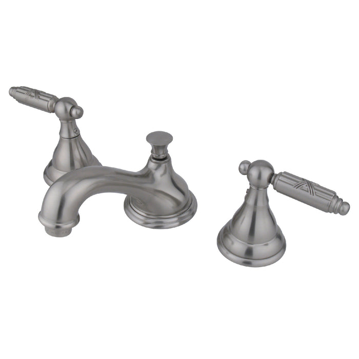 Kingston Tulare KS5568GL - Georgian Two-Handle 3-Hole Deck Mount Widespread Bathroom Faucet with Brass Pop-Up, Brushed Nickel