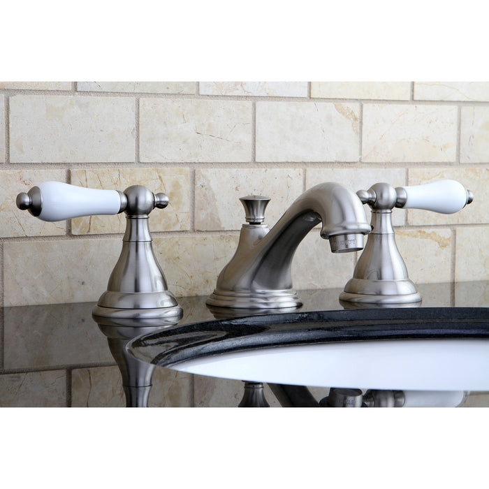 Kingston Heirloom KS5568PL - Royale Two-Handle 3-Hole Deck Mount Widespread Bathroom Faucet with Brass Pop-Up, Brushed Nickel