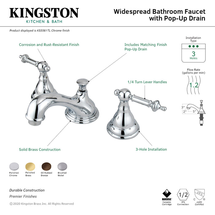 Kingston Heirloom KS5568TLTwo-Handle 3-Hole Deck Mount Widespread Bathroom Faucet with Brass Pop-Up, Brushed Nickel