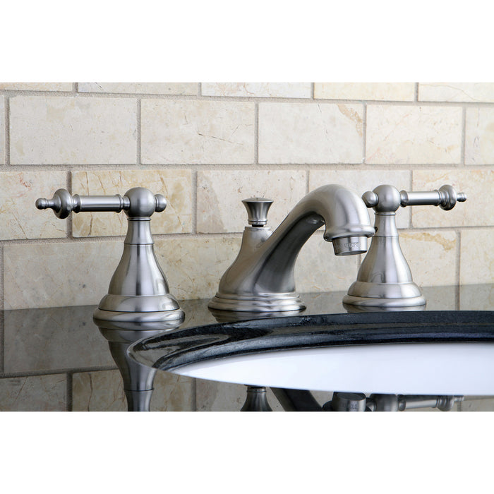 Kingston Heirloom KS5568TLTwo-Handle 3-Hole Deck Mount Widespread Bathroom Faucet with Brass Pop-Up, Brushed Nickel