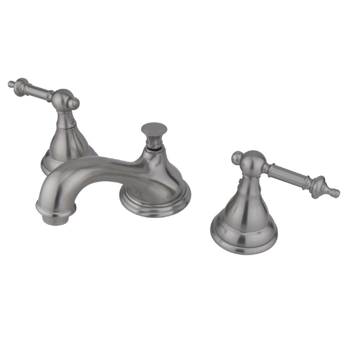 Kingston Heirloom KS5568TLTwo-Handle 3-Hole Deck Mount Widespread Bathroom Faucet with Brass Pop-Up, Brushed Nickel