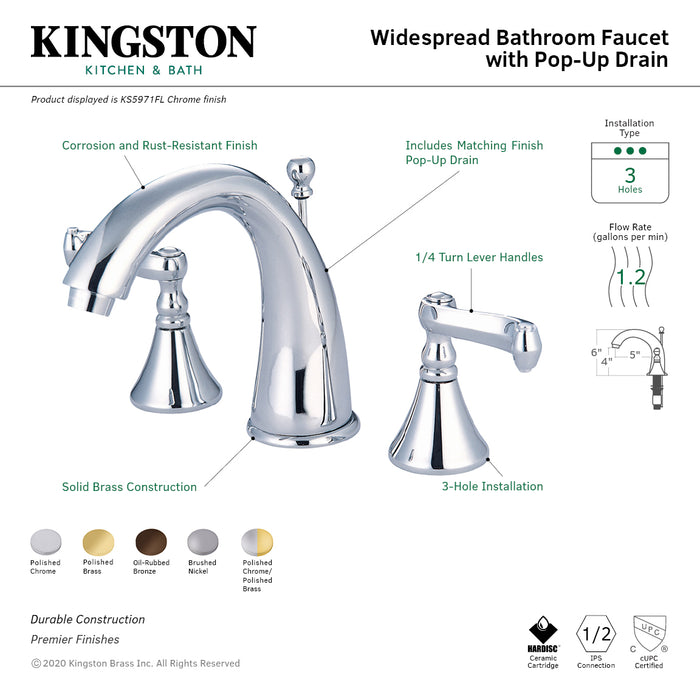 Kingston Tulare KS5978FL - Royale Two-Handle 3-Hole Deck Mount Widespread Bathroom Faucet with Brass Pop-Up, Brushed Nickel