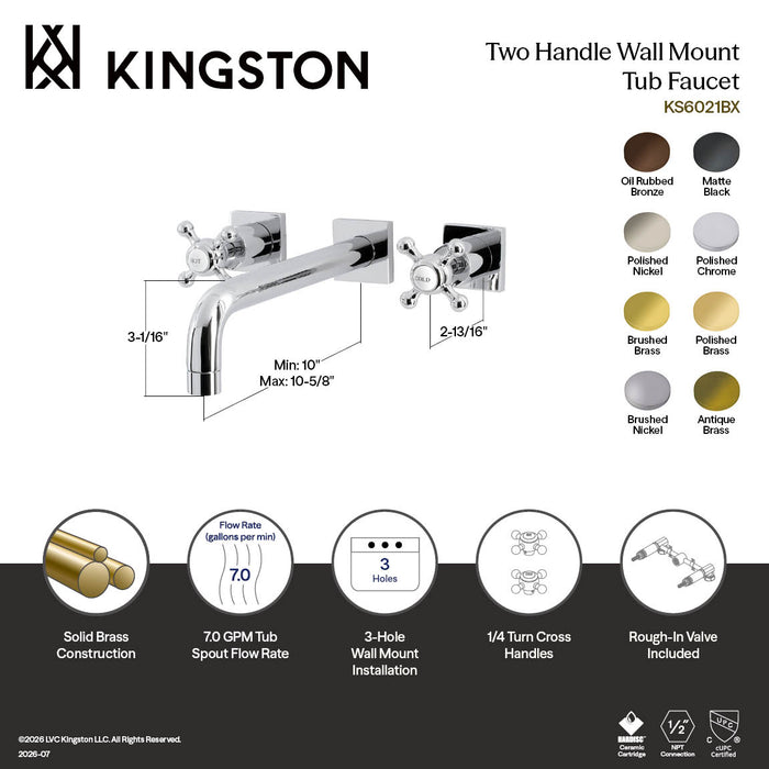 Kingston Tulare KS6021BX - Metropolitan Two-Handle 3-Hole Wall Mount Tub Faucet, Polished Chrome