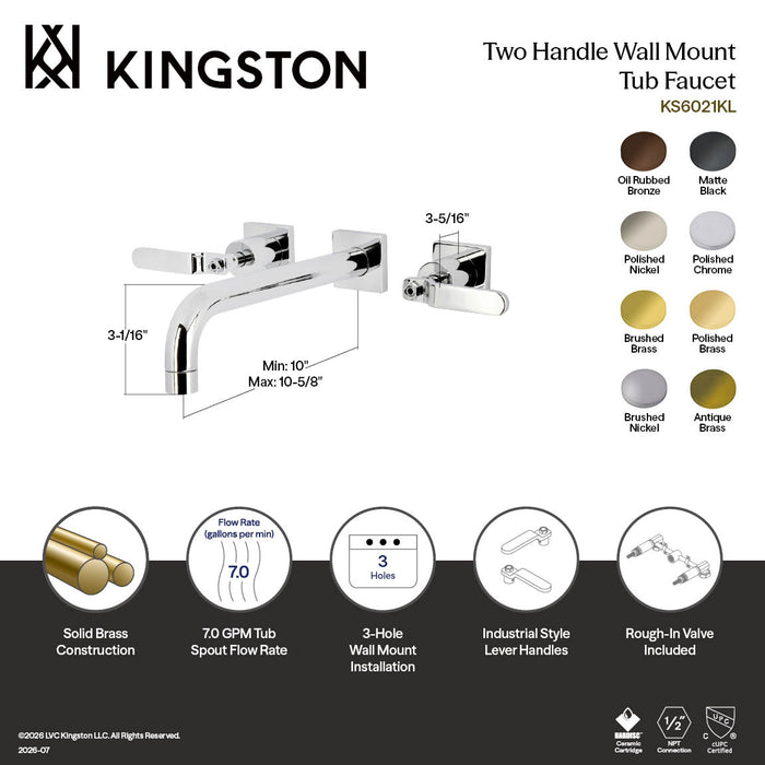 Kingston Sona KS6021KL - Whitaker Two-Handle 3-Hole Wall Mount Tub Faucet, Polished Chrome