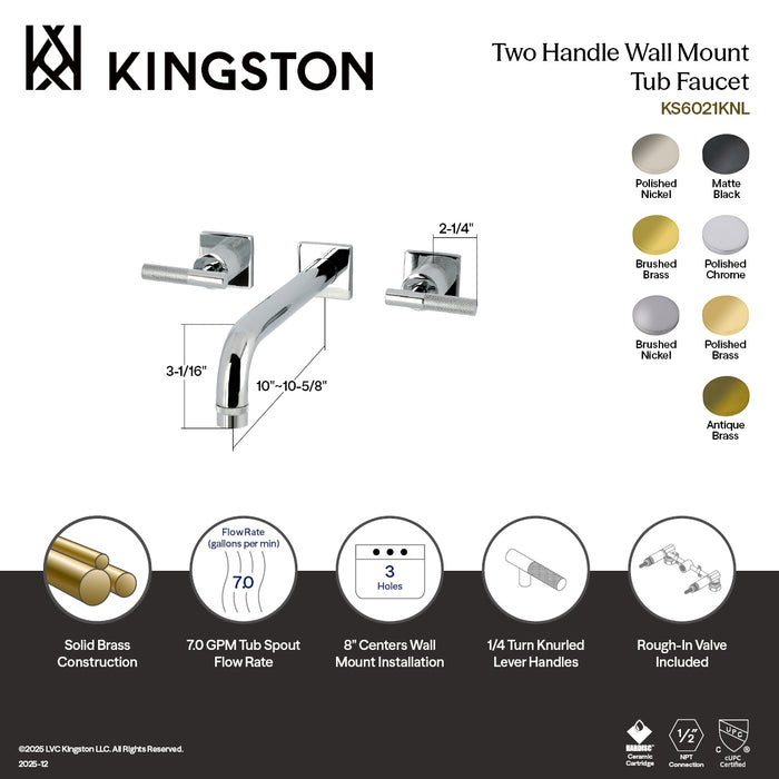 Kingston Sona KS6022KNL - Convergent Two-Handle 3-Hole Wall Mount Roman Tub Faucet with Knurled Handle, Polished Brass