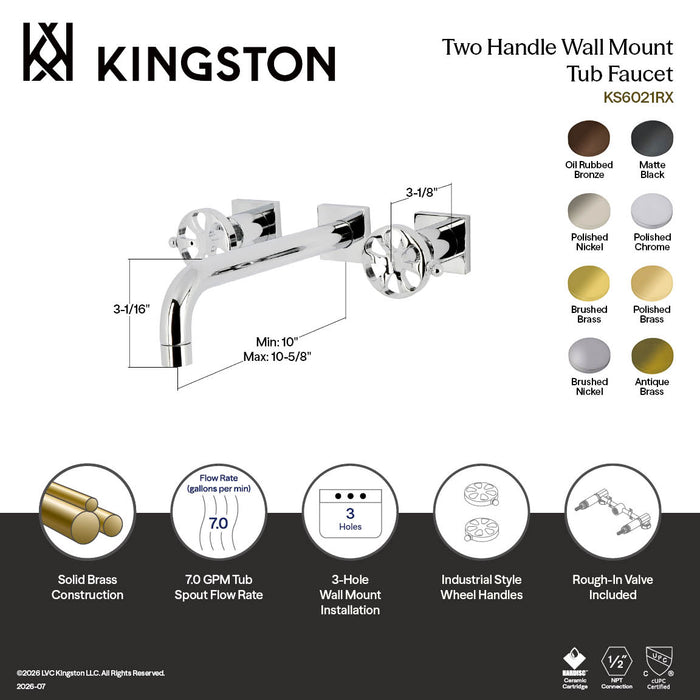 Kingston Sona KS6028RX - Belknap Two-Handle 3-Hole Wall Mount Tub Faucet, Brushed Nickel