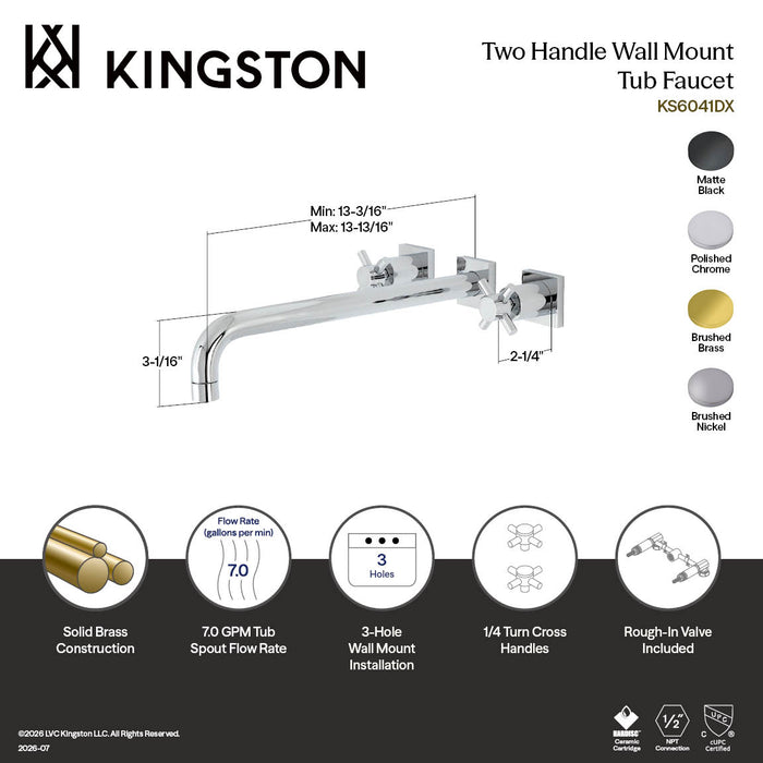 Kingston Sona KS6041DX - Concord Two-Handle 3-Hole Wall Mount Tub Faucet, Polished Chrome