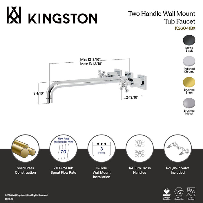 Kingston Tulare KS6047BX - Metropolitan Two-Handle 3-Hole Wall Mount Tub Faucet, Brushed Brass
