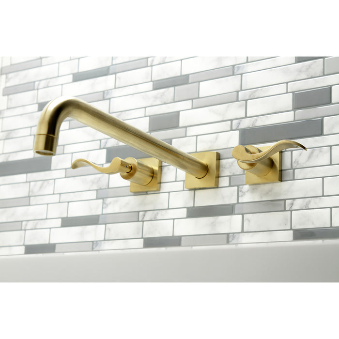 Kingston Tulare KS6047DFL - NuWave Two-Handle 3-Hole Wall Mount Tub Faucet, Brushed Brass