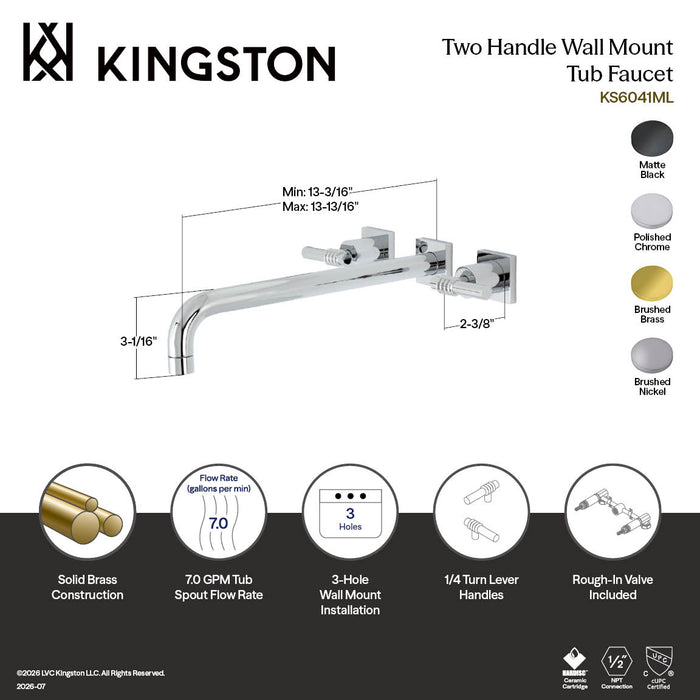 Kingston Tulare KS6047ML - Milano Two-Handle 3-Hole Wall Mount Tub Faucet, Brushed Brass