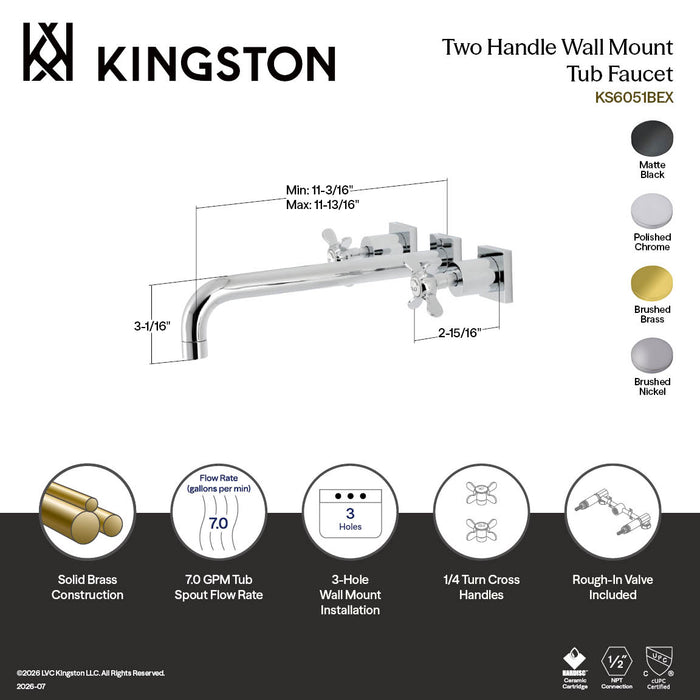 Kingston Tulare KS6050BEX - Essex Two-Handle 3-Hole Wall Mount Tub Faucet, Matte Black