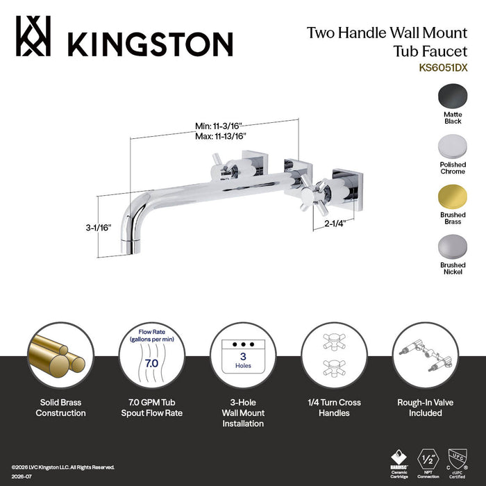 Kingston Sona KS6057DX - Concord Two-Handle 3-Hole Wall Mount Tub Faucet, Brushed Brass