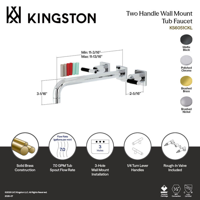 Kingston Sona KS6058CKL - Kaiser Two-Handle 3-Hole Wall Mount Tub Faucet, Brushed Nickel