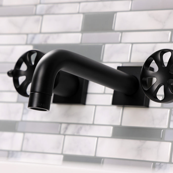 Kingston Sona KS6120RX - Belknap Double-Handle 3-Hole Wall Mount Bathroom Faucet, Matte Black