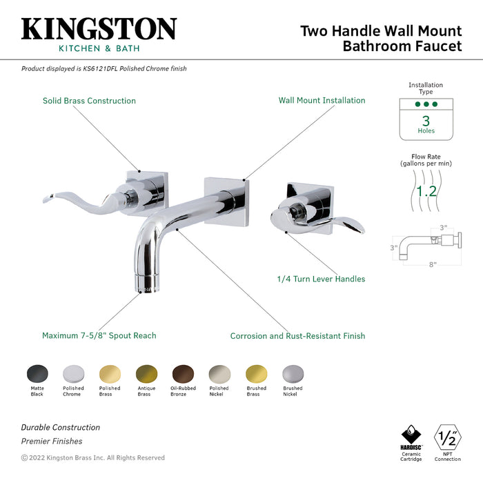 Kingston Tulare KS6122DFL - NuWave Double-Handle 3-Hole Wall Mount Bathroom Faucet, Polished Brass