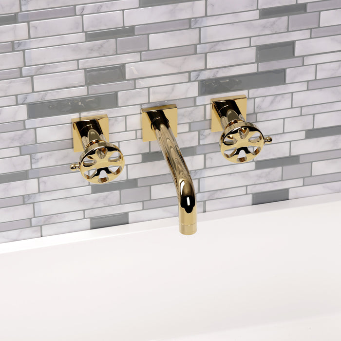 Kingston Sona KS6122RX - Belknap Double-Handle 3-Hole Wall Mount Bathroom Faucet, Polished Brass