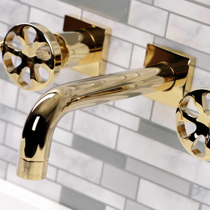 Kingston Sona KS6122RX - Belknap Double-Handle 3-Hole Wall Mount Bathroom Faucet, Polished Brass
