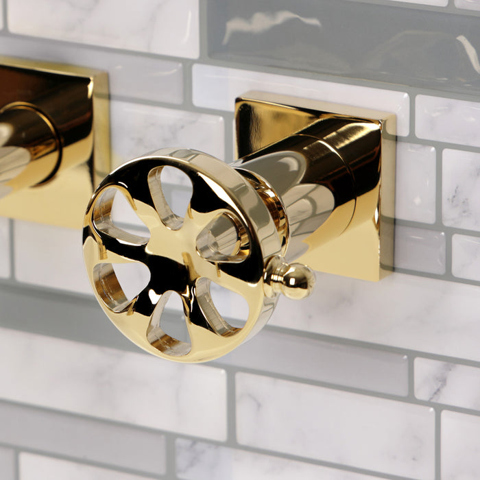 Kingston Sona KS6122RX - Belknap Double-Handle 3-Hole Wall Mount Bathroom Faucet, Polished Brass