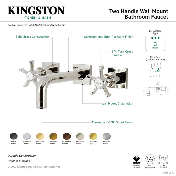 Kingston Sona KS6127NX - Hamilton Double-Handle 3-Hole Wall Mount Bathroom Faucet, Brushed Brass