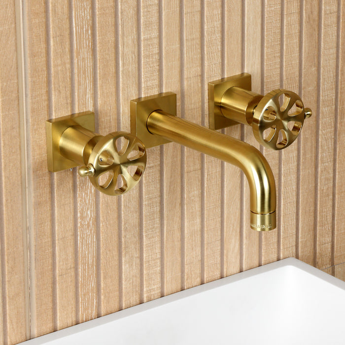Kingston Sona KS6127RX - Belknap Double-Handle 3-Hole Wall Mount Bathroom Faucet, Brushed Brass