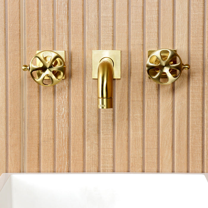 Kingston Sona KS6127RX - Belknap Double-Handle 3-Hole Wall Mount Bathroom Faucet, Brushed Brass