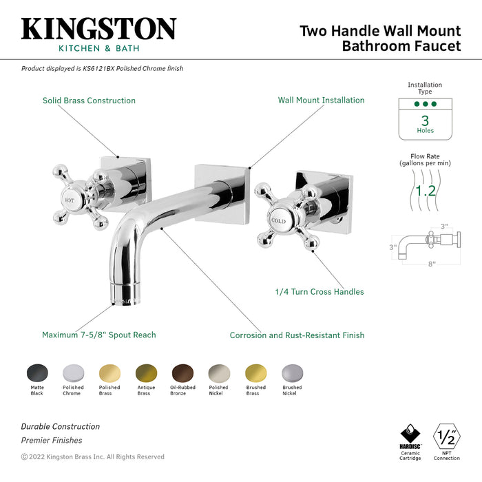 Kingston Tulare KS6128BX - Metropolitan Double-Handle 3-Hole Wall Mount Bathroom Faucet, Brushed Nickel