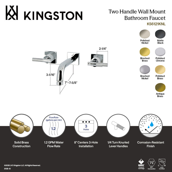 Kingston Sona KS6128KNL - Convergent Double-Handle 3-Hole Wall Mount Bathroom Faucet with Knurled Handle, Brushed Nickel