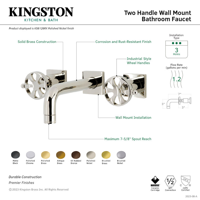 Kingston Sona KS6128RX - Belknap Double-Handle 3-Hole Wall Mount Bathroom Faucet, Brushed Nickel