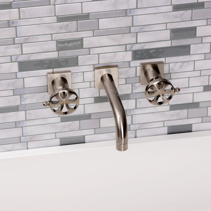 Kingston Sona KS6128RX - Belknap Double-Handle 3-Hole Wall Mount Bathroom Faucet, Brushed Nickel