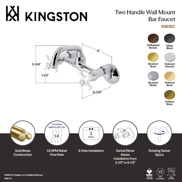 Kingston Heirloom KS612SB - Kingston Two-Handle 2-Hole Wall Mount Bar Faucet, Brushed Brass