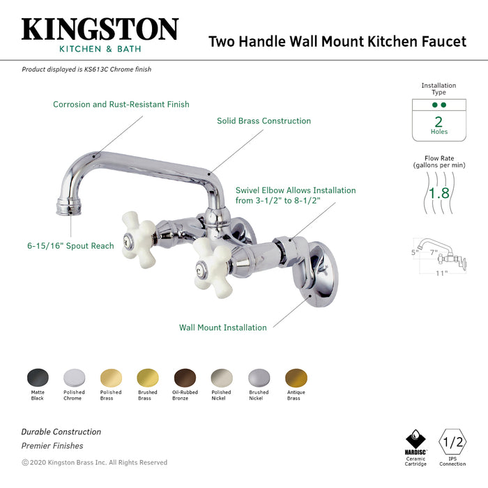 Kingston Heirloom KS613MB - Kingston Two-Handle 2-Hole Wall Mount Bridge Kitchen Faucet, Matte Black