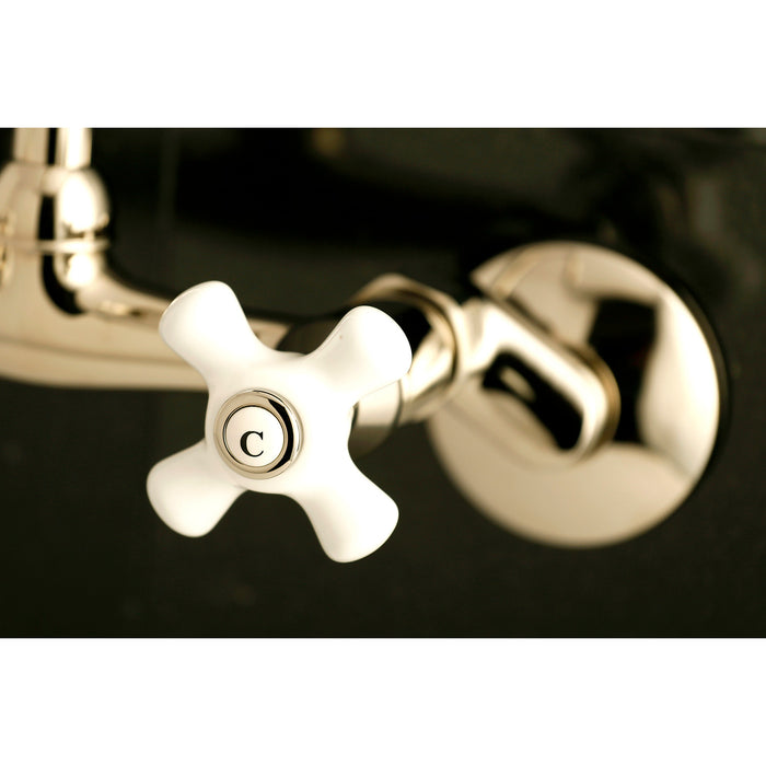 Kingston Heirloom KS613PN - Kingston Two-Handle 2-Hole Wall Mount Bridge Kitchen Faucet, Polished Nickel