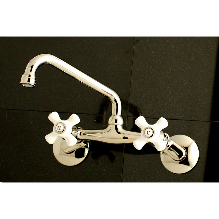 Kingston Heirloom KS613PN - Kingston Two-Handle 2-Hole Wall Mount Bridge Kitchen Faucet, Polished Nickel