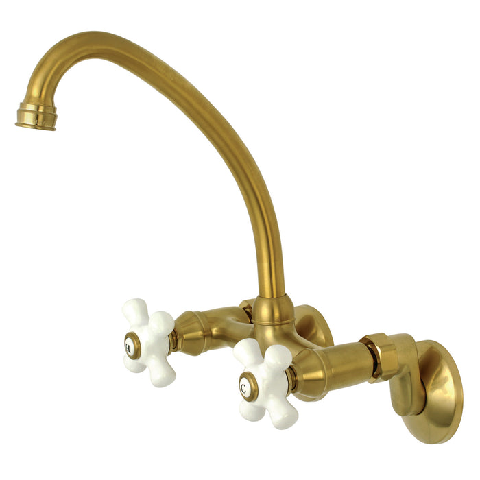 Kingston Heirloom KS614SB - Kingston Two-Handle 2-Hole Wall Mount Bridge Kitchen Faucet, Brushed Brass