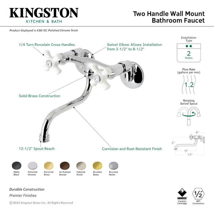 Kingston Heirloom KS615SB - Kingston Double-Handle 2-Hole Wall Mount Bathroom Faucet, Brushed Brass