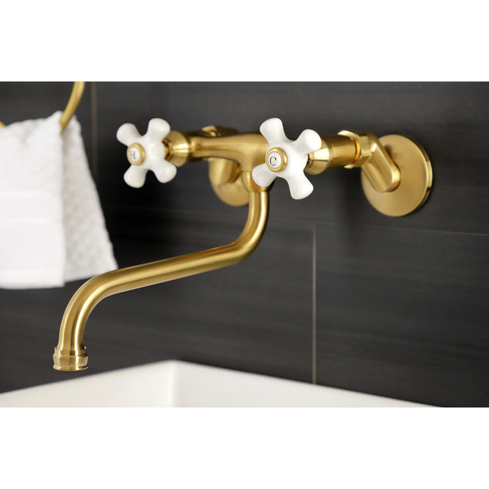 Kingston Heirloom KS615SB - Kingston Double-Handle 2-Hole Wall Mount Bathroom Faucet, Brushed Brass