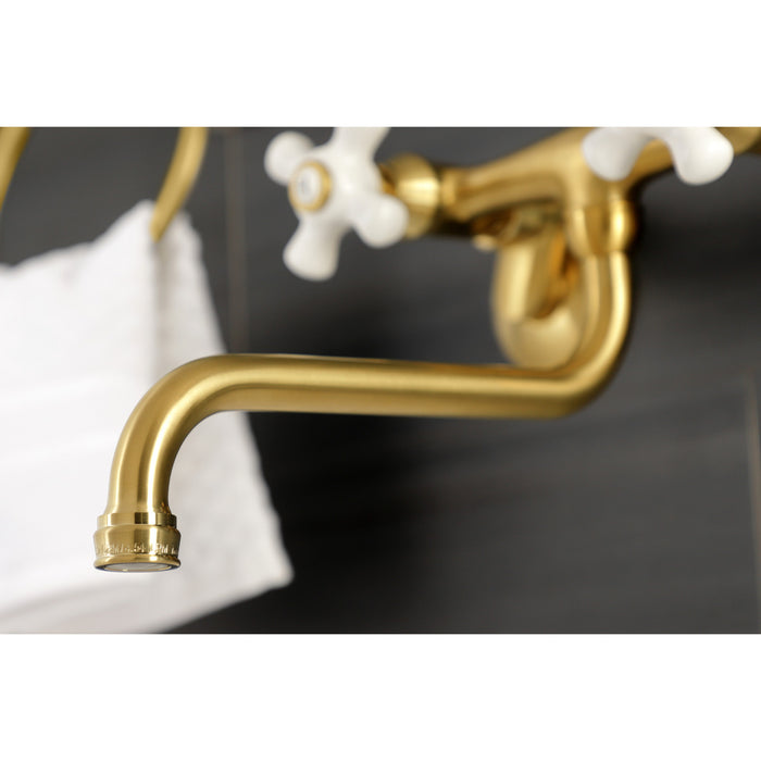 Kingston Heirloom KS615SB - Kingston Double-Handle 2-Hole Wall Mount Bathroom Faucet, Brushed Brass